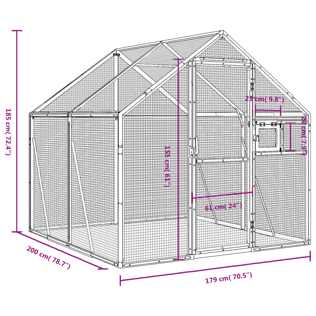 Volieră de păsări, argintiu, 1,79x2x1,85 m, aluminiu