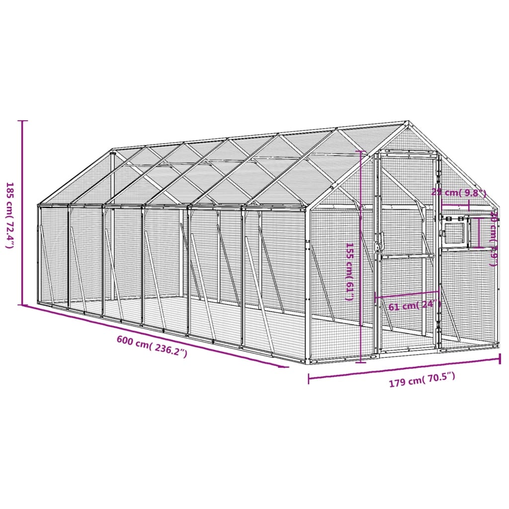 Volieră de păsări, argintiu, 1,79x6x1,85 m, aluminiu