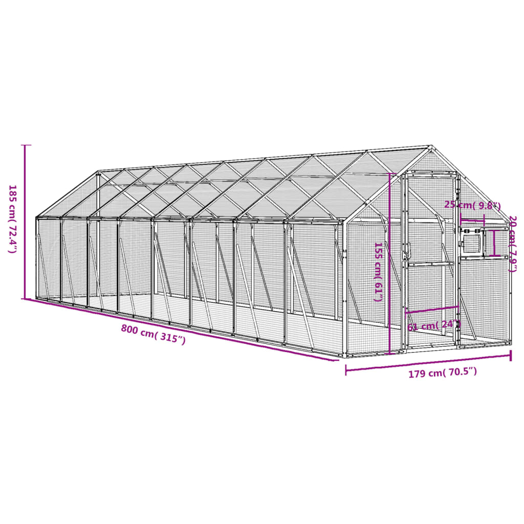 Volieră de păsări, antracit, 1,79x8x1,85 m, aluminiu