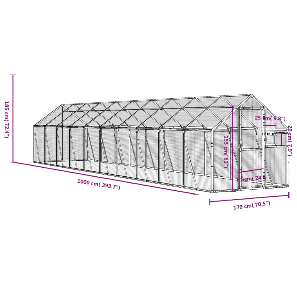 Volieră de păsări, antracit, 1,79x10x1,85 m, aluminiu