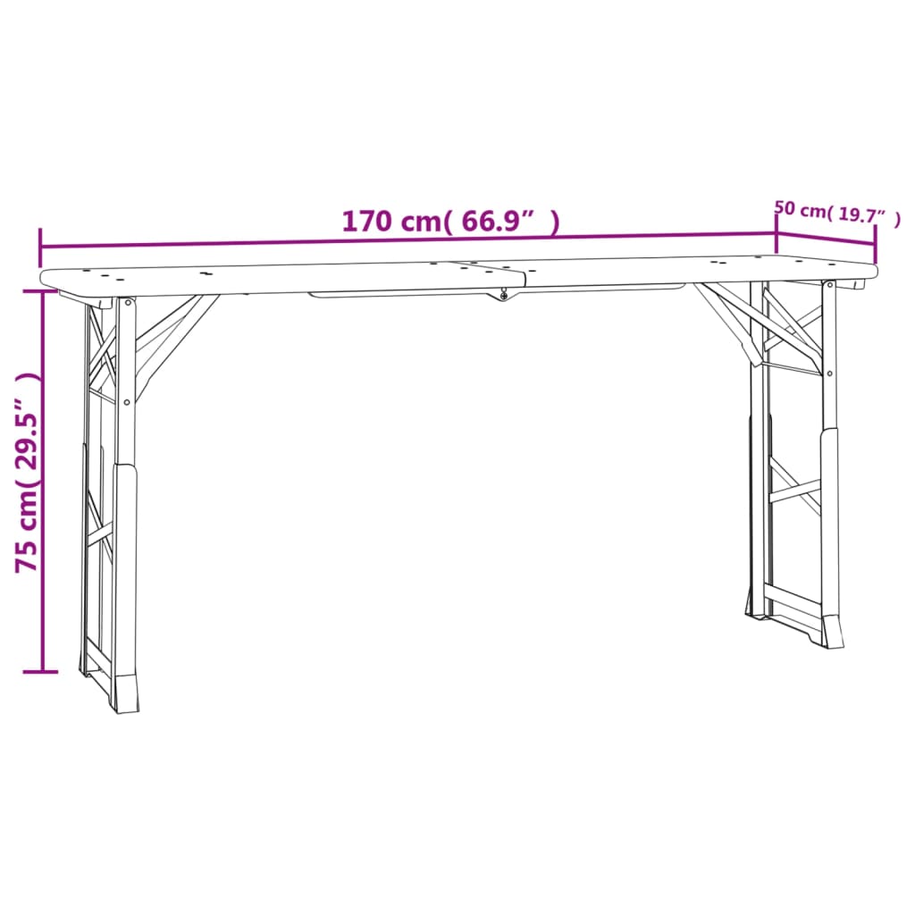 Masă pliabilă pentru bere 170x50x75/105 cm, lemn masiv de brad