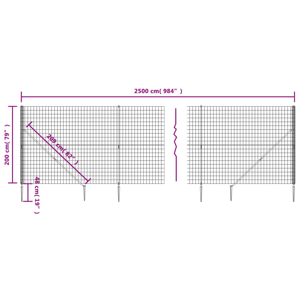 Gard plasă de sârmă cu țăruși de fixare, antracit, 2x25 m