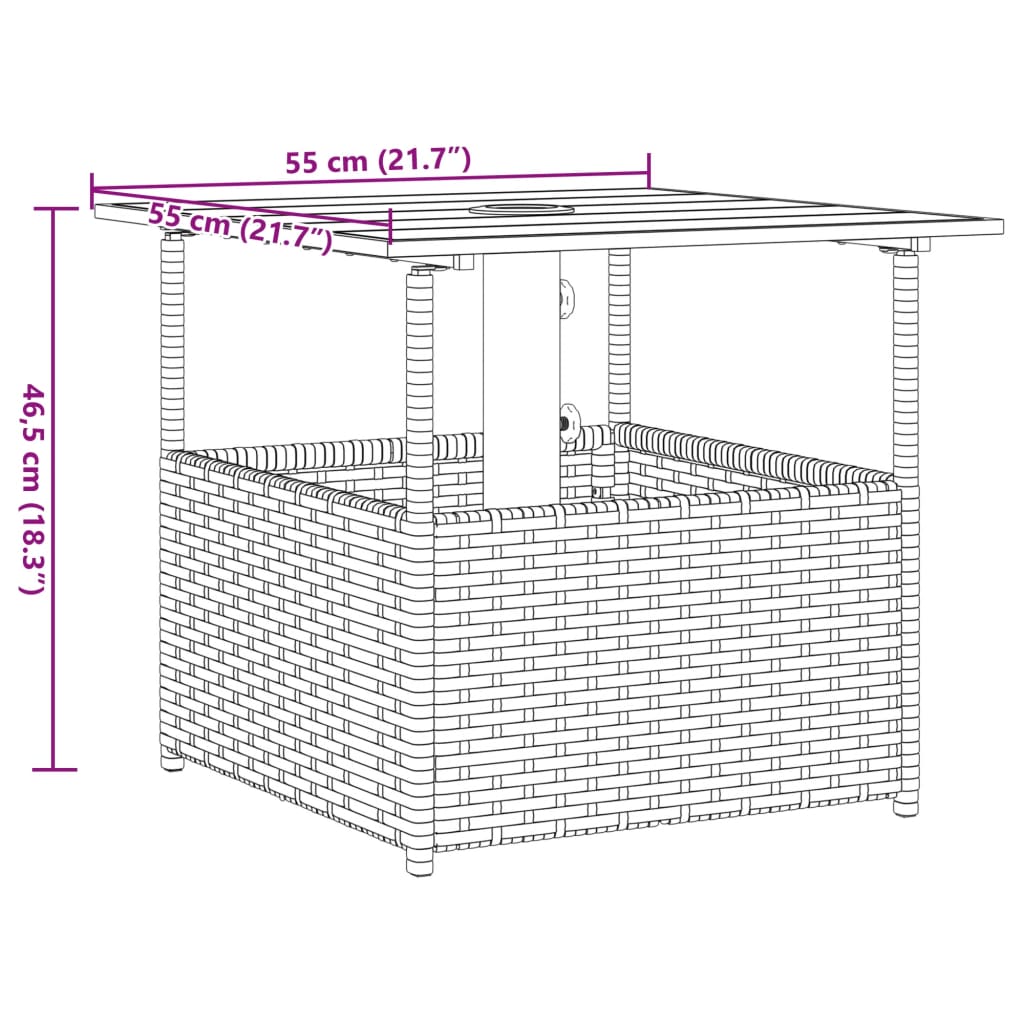 Masă grădină cu orificiu umbrelă maro 55x55x46,5 cm poliratan