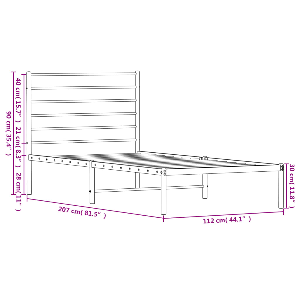 Cadru de pat din metal cu tăblie, negru, 107x203 cm