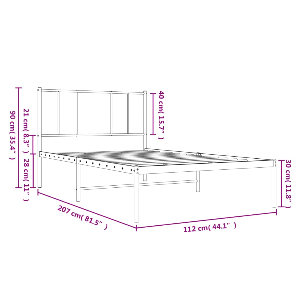 Cadru de pat din metal cu tăblie, negru, 107x203 cm