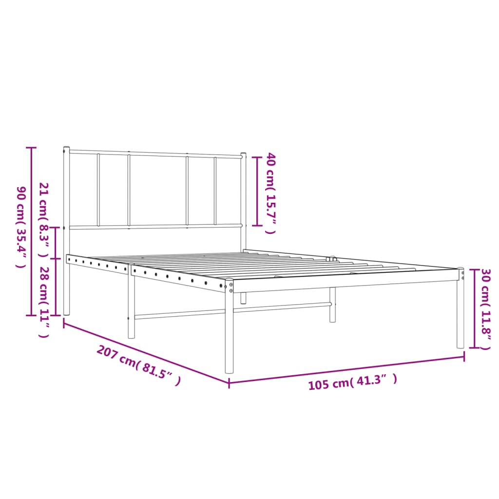 Cadru de pat din metal cu tăblie, alb, 100x200 cm