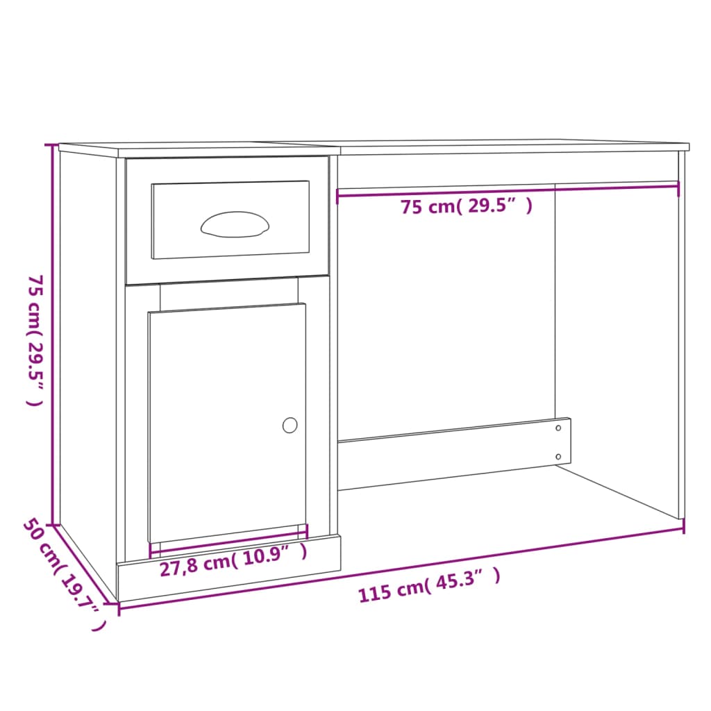 Birou cu sertar, alb extralucios, 115x50x75 cm, lemn prelucrat