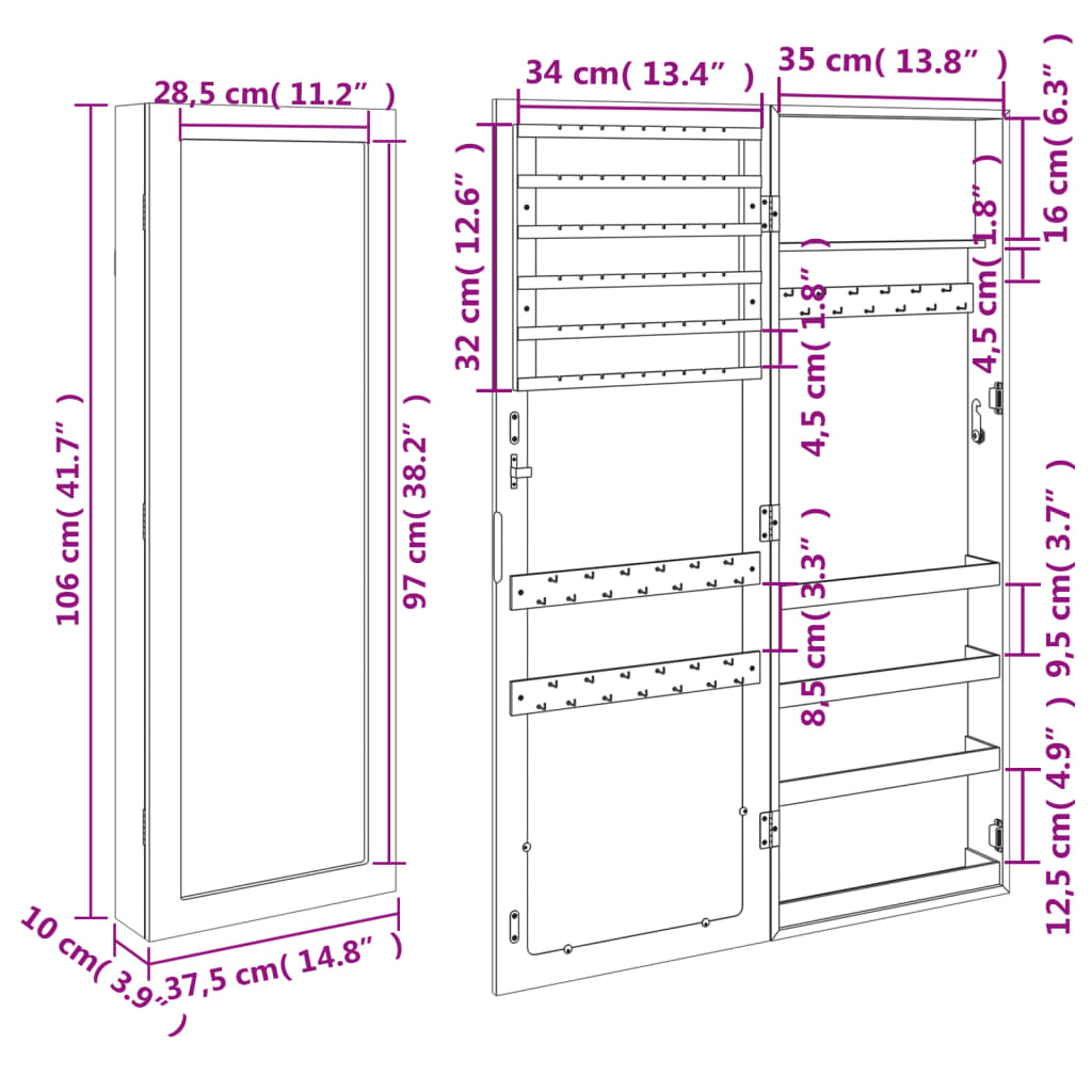 Dulap de bijuterii cu oglindă montat pe perete 37,5x10x106 cm