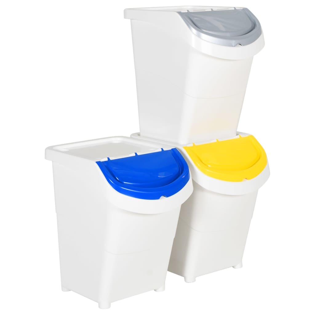 Coșuri de gunoi stivuibile cu capace, 3 buc., alb, 120 L, PP