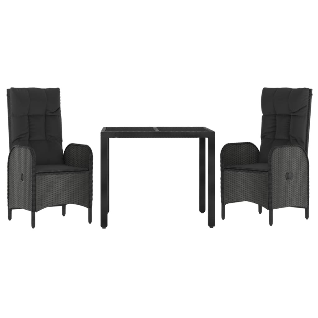 Set mobilier de grădină cu perne, 3 piese, negru, poliratan