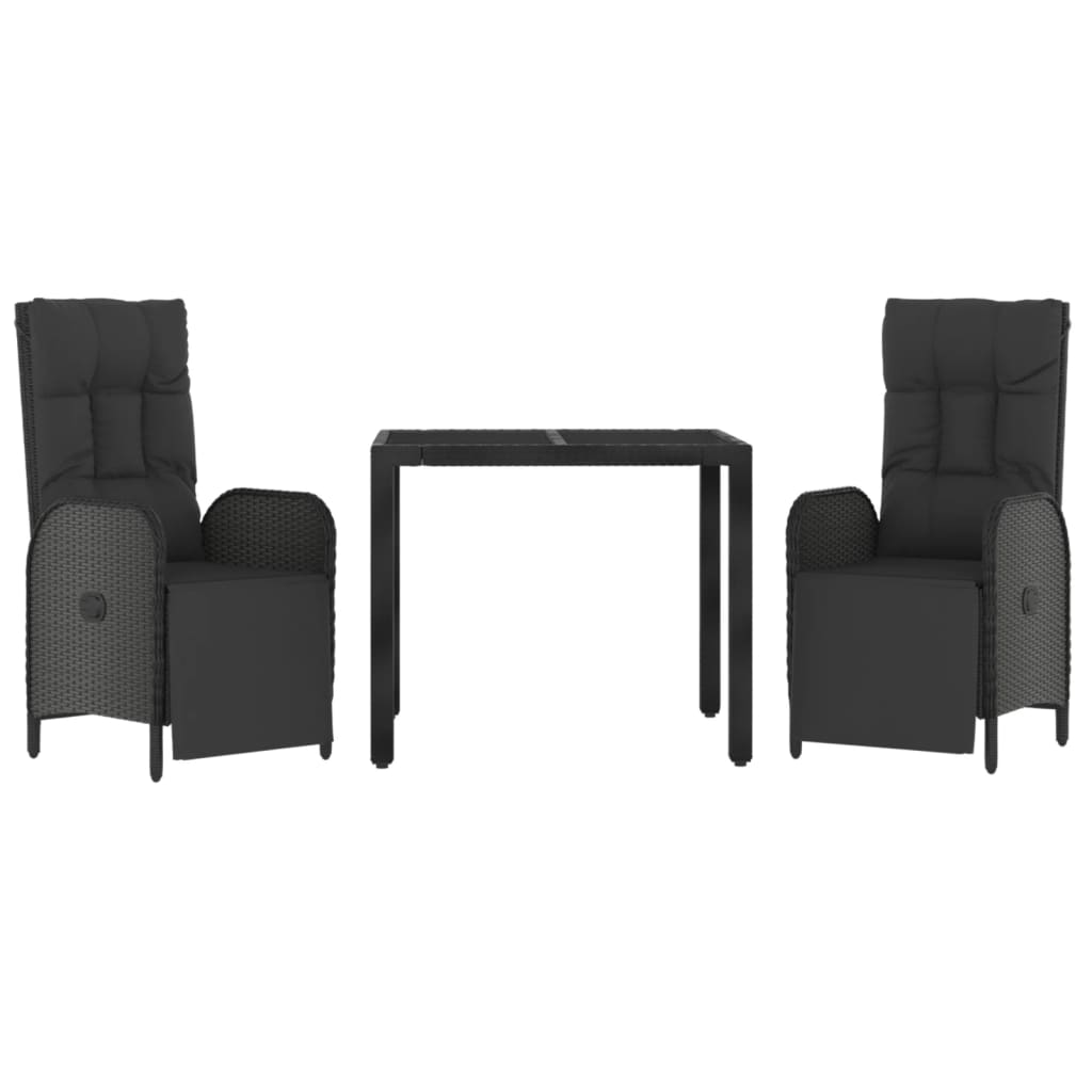 Set mobilier de grădină cu perne, 3 piese, negru, poliratan