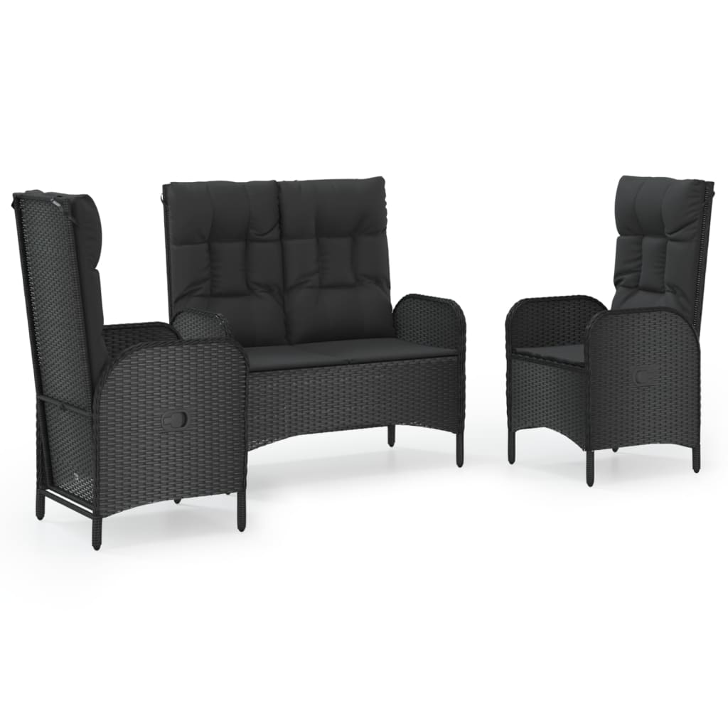 Set mobilier de grădină cu perne, 3 piese, negru, poliratan