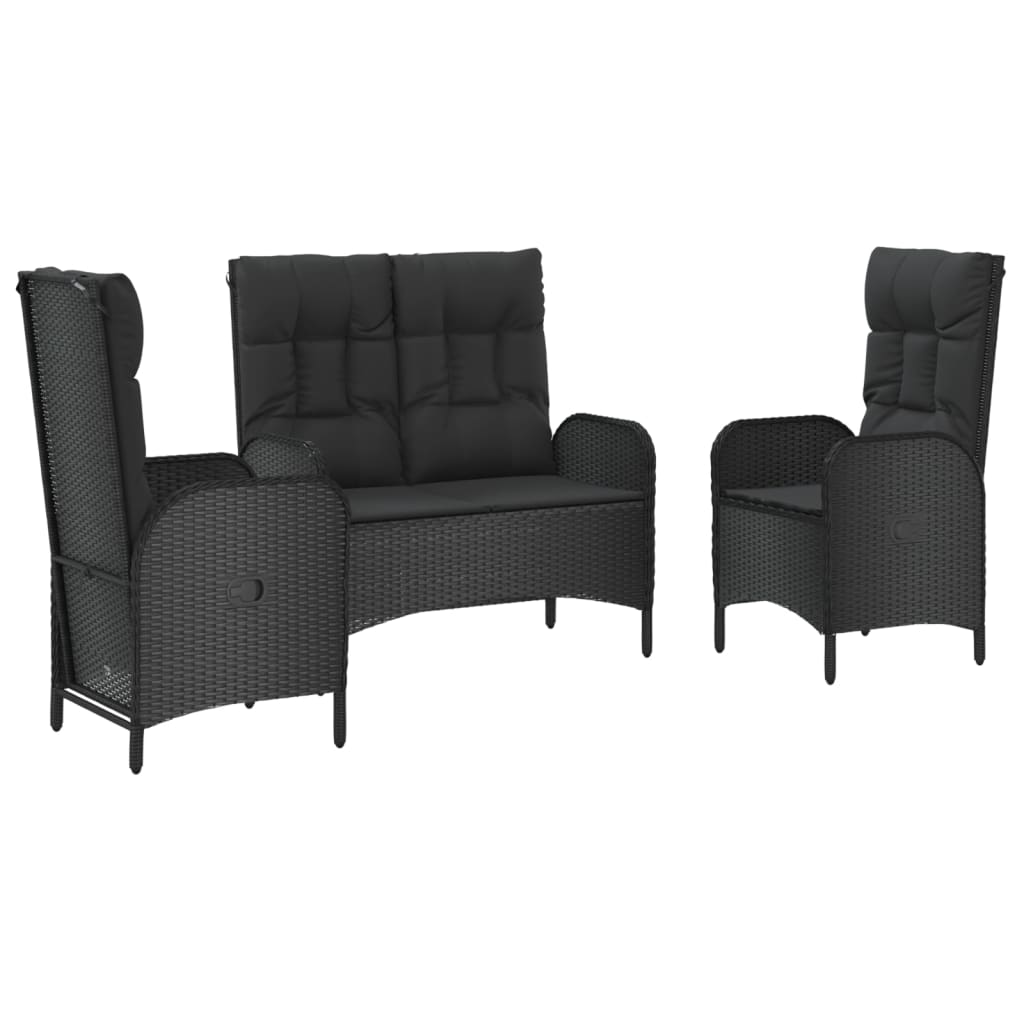 Set mobilier de grădină cu perne, 3 piese, negru, poliratan