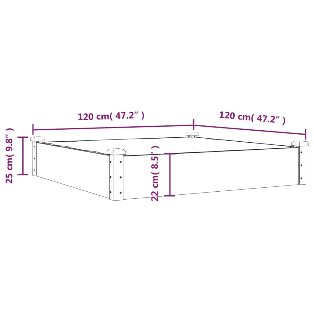 Strat de grădină înălțat cu căptușeală, 120x120x25 cm lemn brad