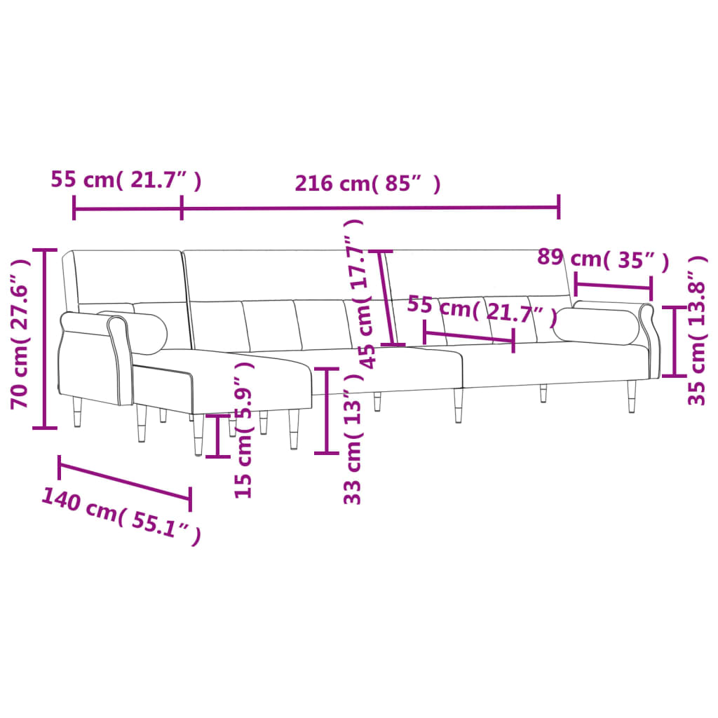 Canapea extensibilă în formă de L albastru 271x140x70cm catifea