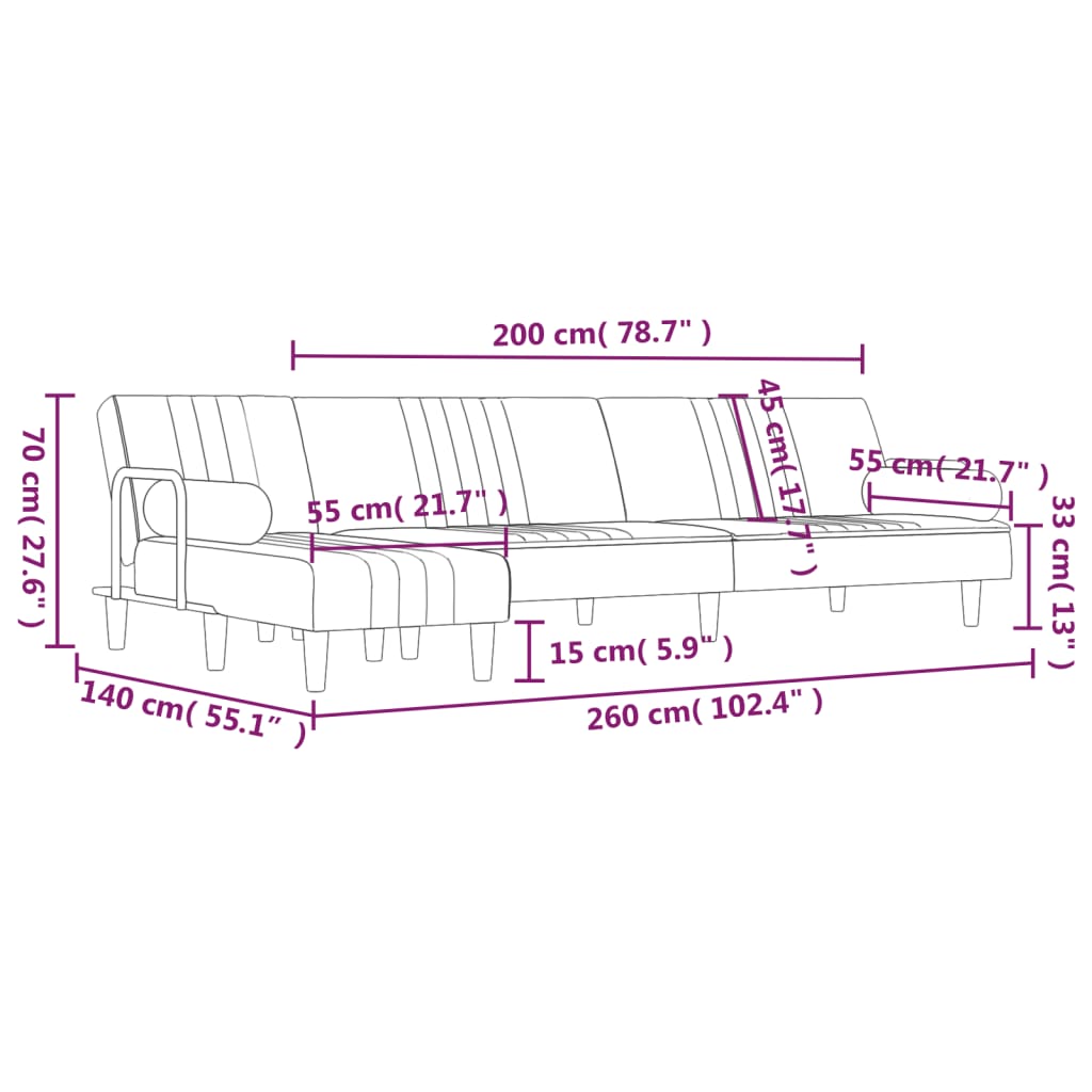 Canapea extensibilă în formă de L gri 260x140x70 cm catifea