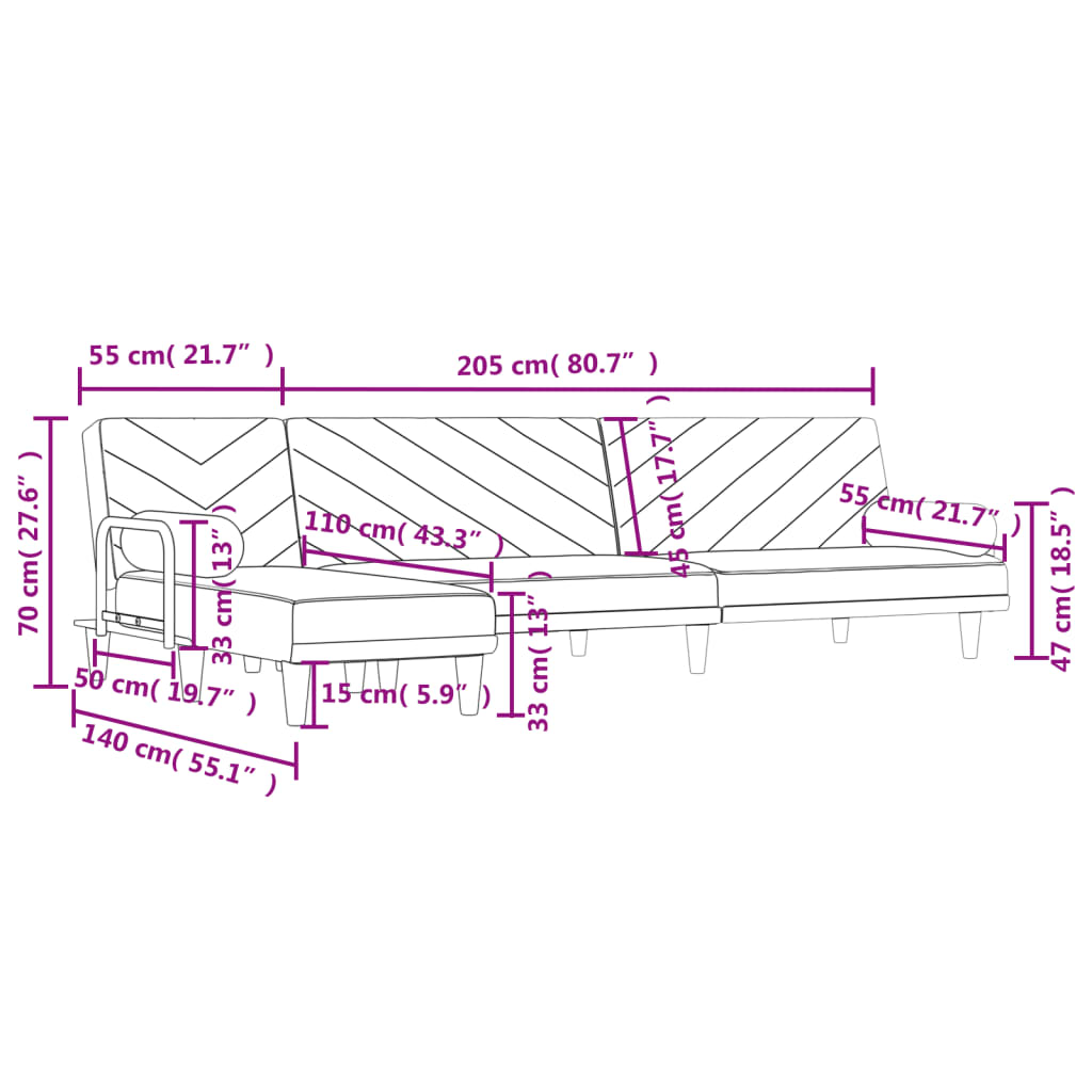 Canapea extensibilă în formă de L gri închis 260x140x70 cm