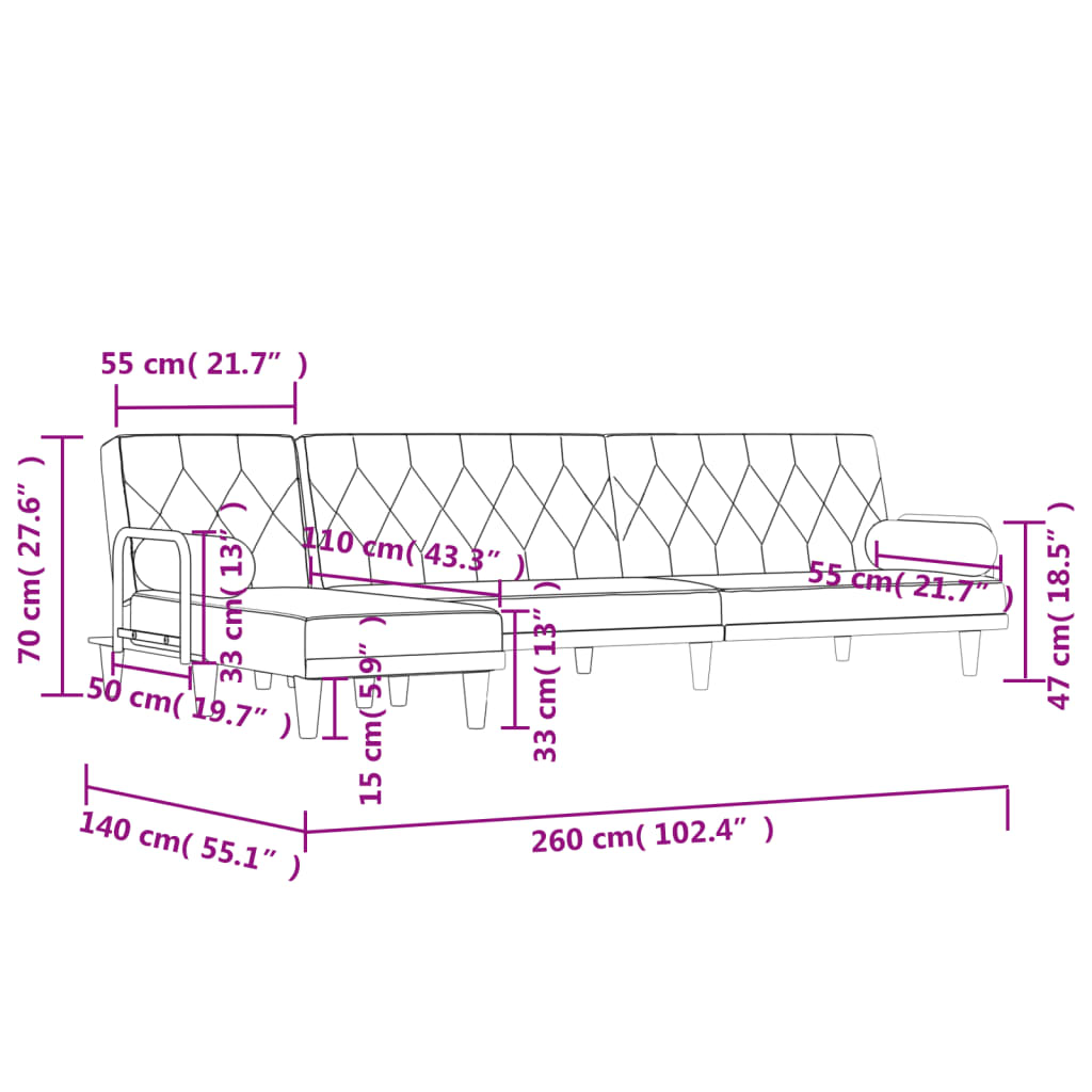 Canapea extensibilă în formă de L gri 260x140x70 cm textil