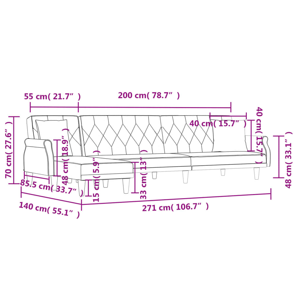 Canapea extensibilă în formă de L gri 271x140x70 cm catifea