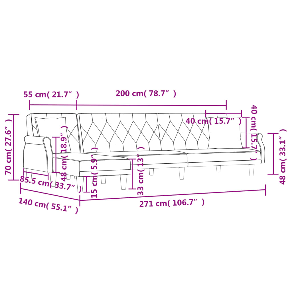 Canapea extensibilă în formă de L negru 271x140x70 cm catifea