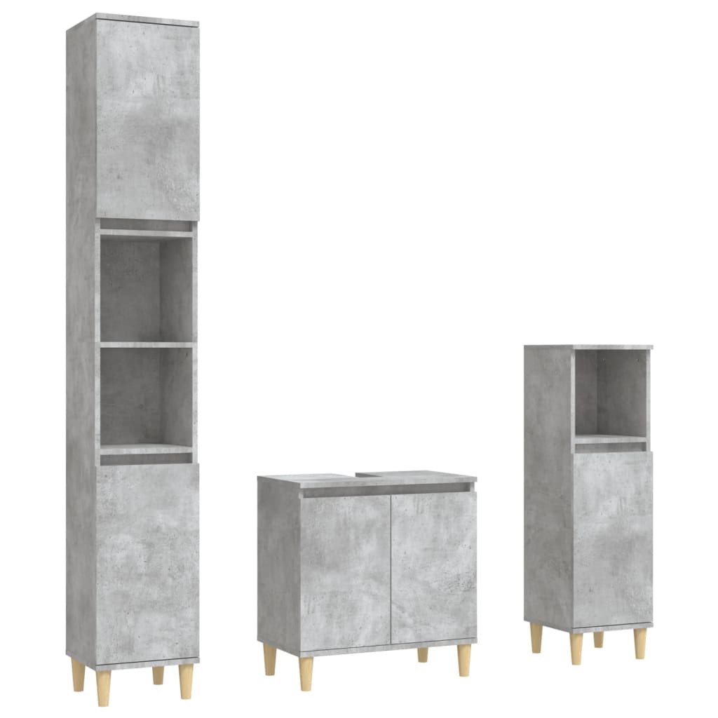 Set mobilier de baie, 3 piese, gri beton, lemn compozit