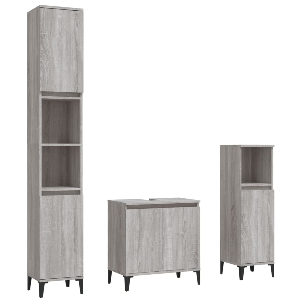 Set mobilier de baie, 3 piese, gri sonoma, lemn prelucrat