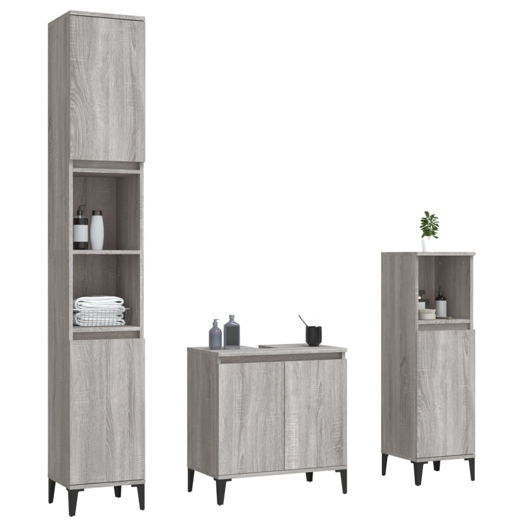 Set mobilier de baie, 3 piese, gri sonoma, lemn prelucrat