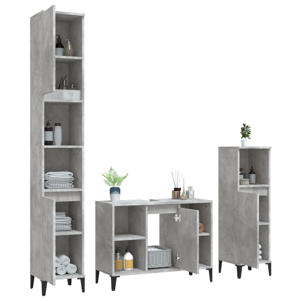 Set mobilier de baie, 3 piese, gri beton, lemn compozit