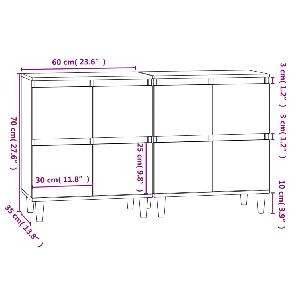 Dulapuri, 2 buc, alb extralucios, 60x35x70 cm, lemn prelucrat