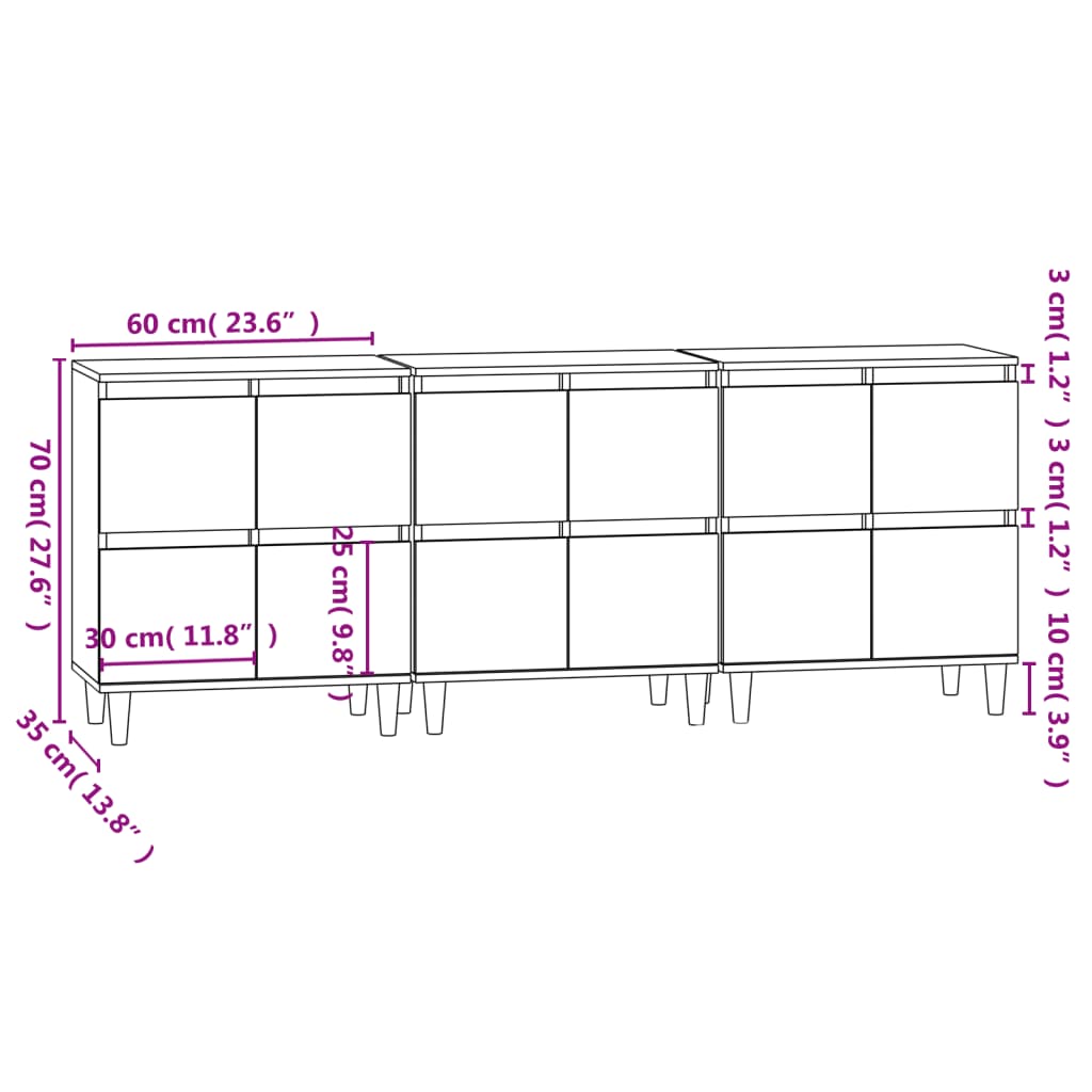 Dulapuri, 3 buc, alb extralucios, 60x35x70 cm, lemn prelucrat