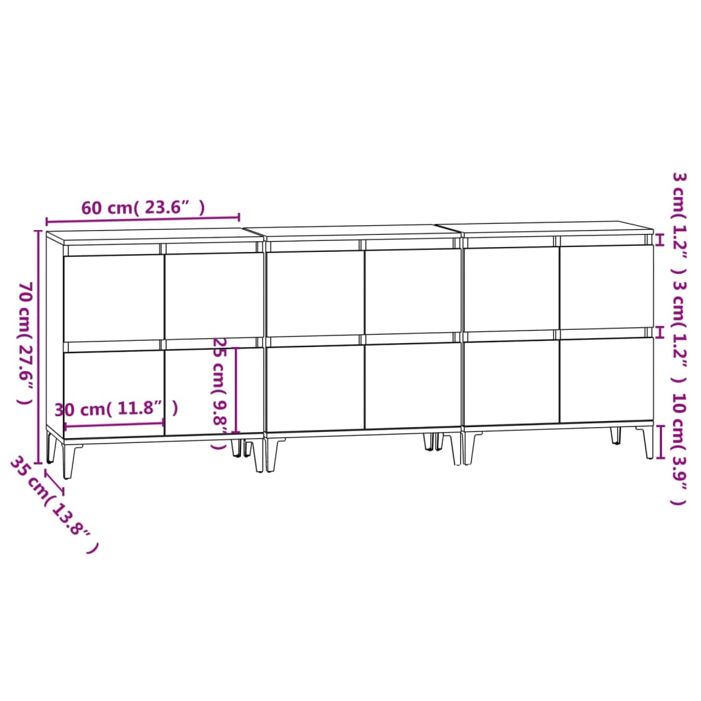 Dulapuri, 3 buc, gri beton, 60x35x70 cm, lemn prelucrat