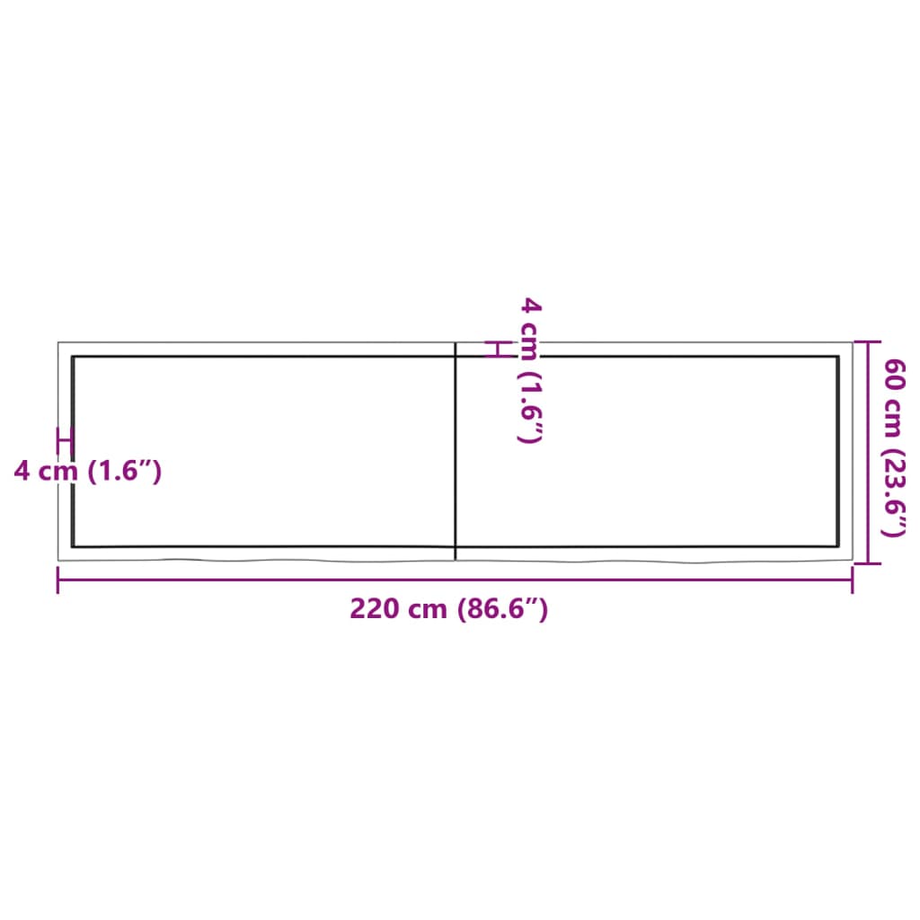 Blat de baie, 220x60x(2-6) cm, lemn masiv netratat