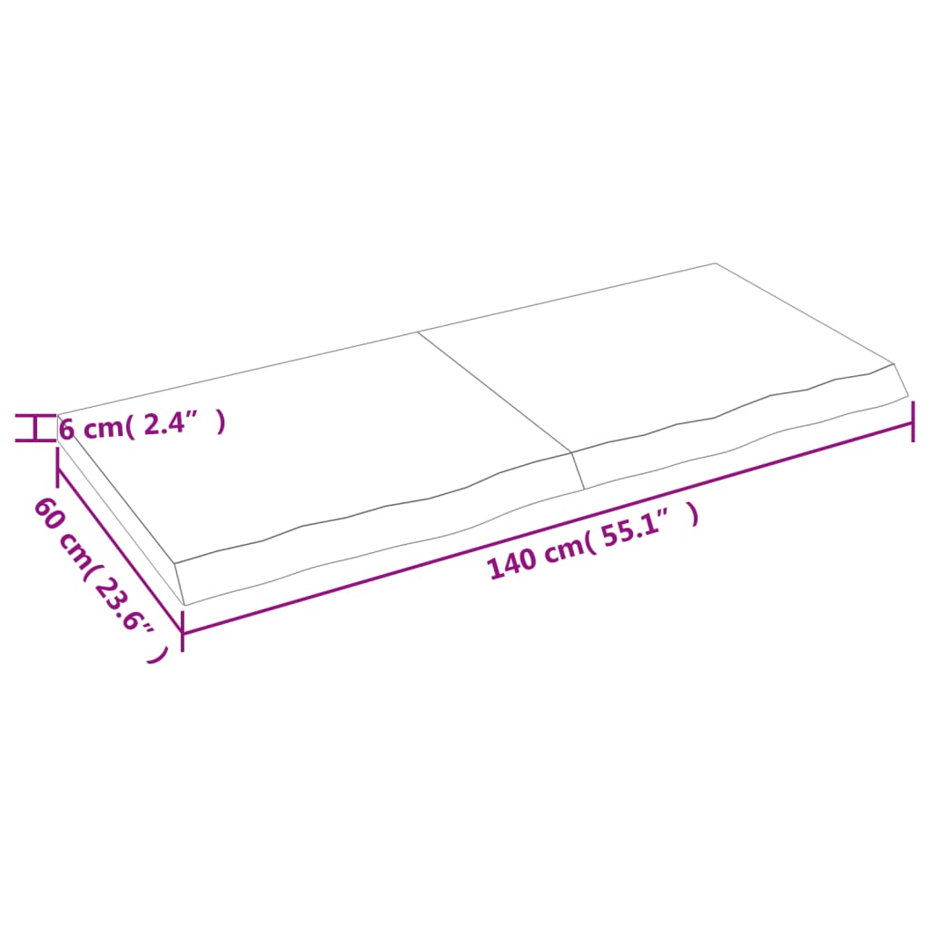 Blat de masă, 140x60x(2-6) cm, lemn masiv de stejar netratat