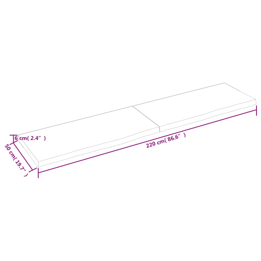 Blat de masă, 220x50x(2-6) cm, lemn masiv de stejar netratat