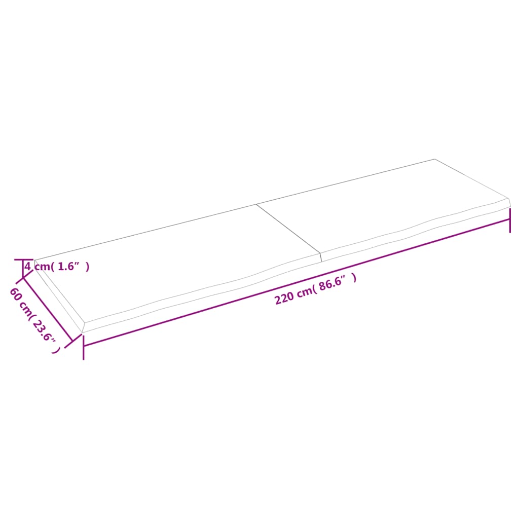 Blat de masă, 220x60x(2-4) cm, lemn masiv de stejar netratat