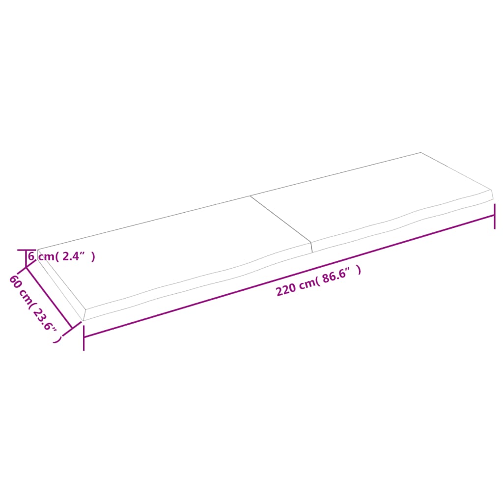 Blat de masă, 220x60x(2-6) cm, lemn masiv de stejar netratat