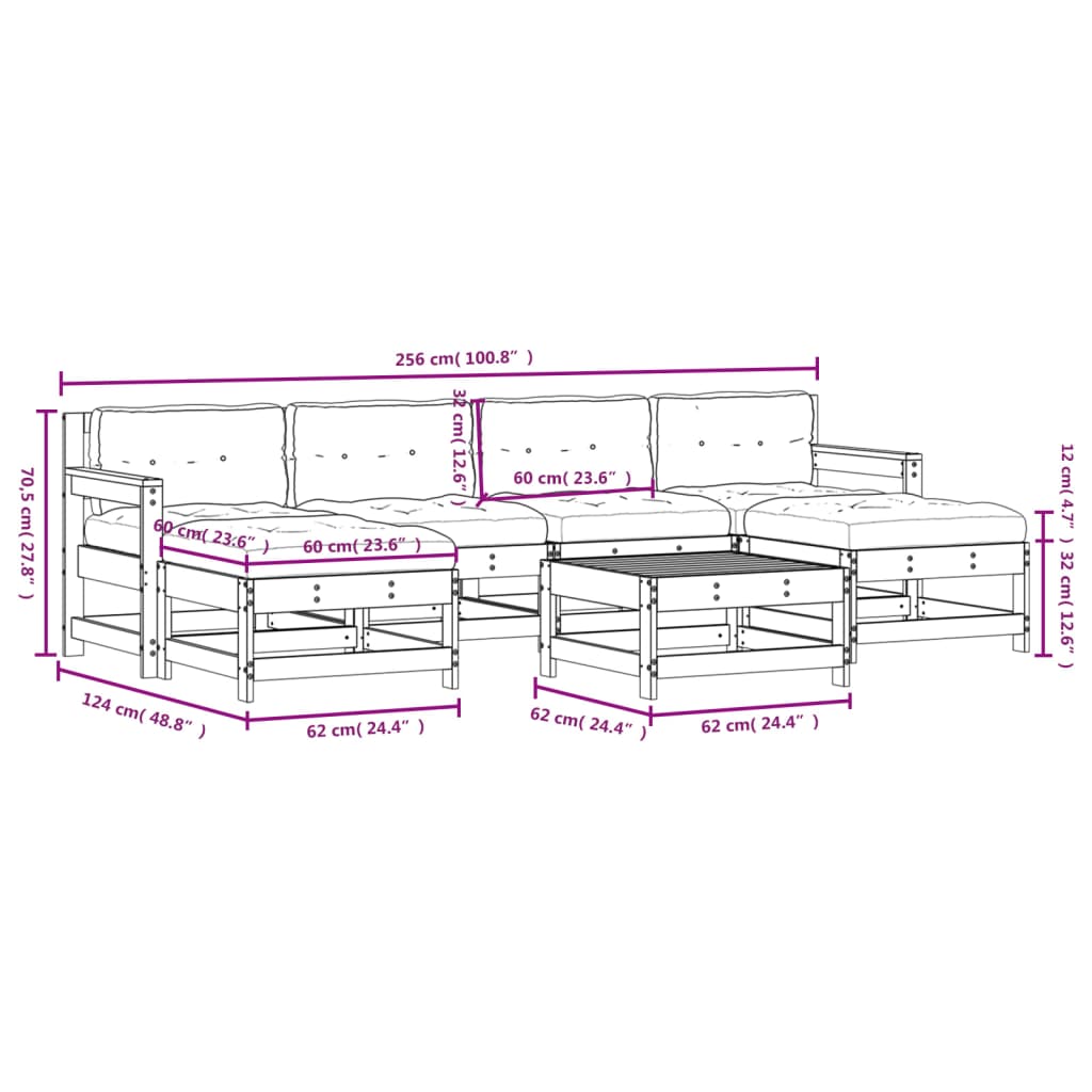 Set mobilier de grădină cu perne, 7 piese, alb, lemn masiv