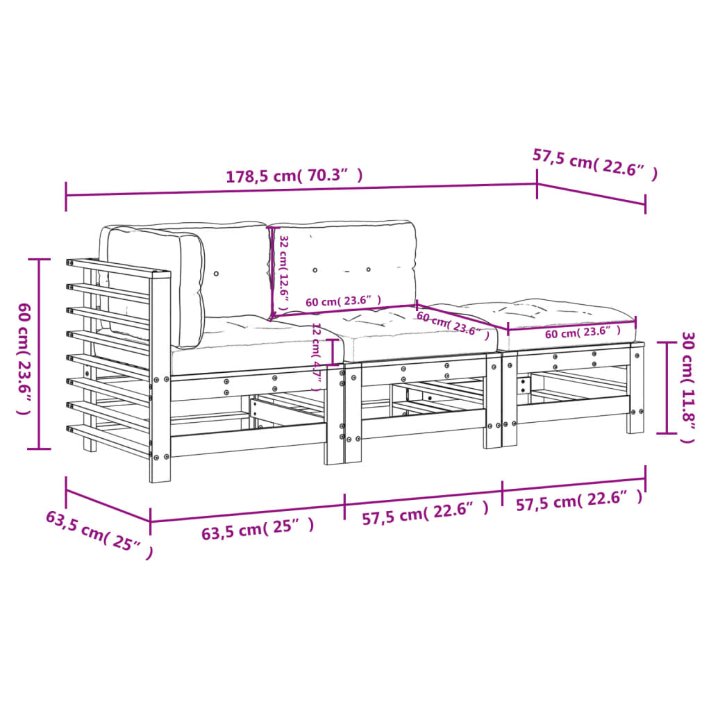 Set mobilier grădină cu perne, 3 piese, maro miere, lemn masiv