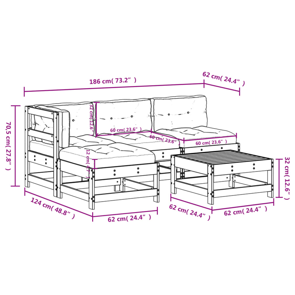 Set mobilier grădină cu perne, 5 piese, gri, lemn masiv