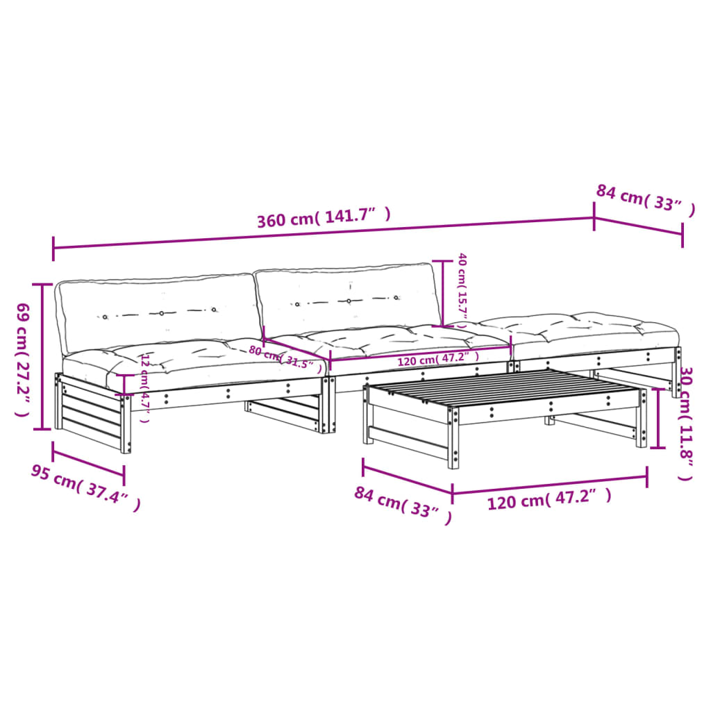 Set mobilier grădină cu perne, 4 piese, gri, lemn masiv