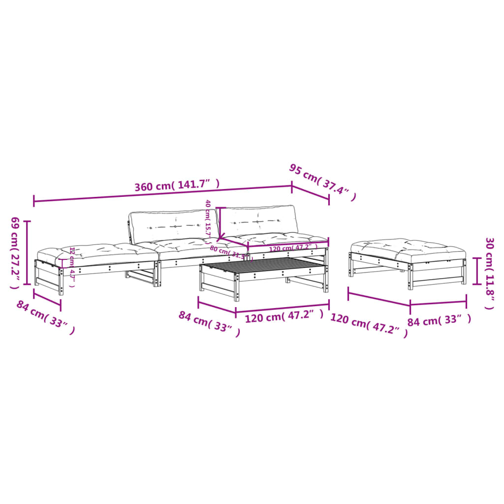 Set mobilier de grădină cu perne, 5 piese, alb, lemn masiv