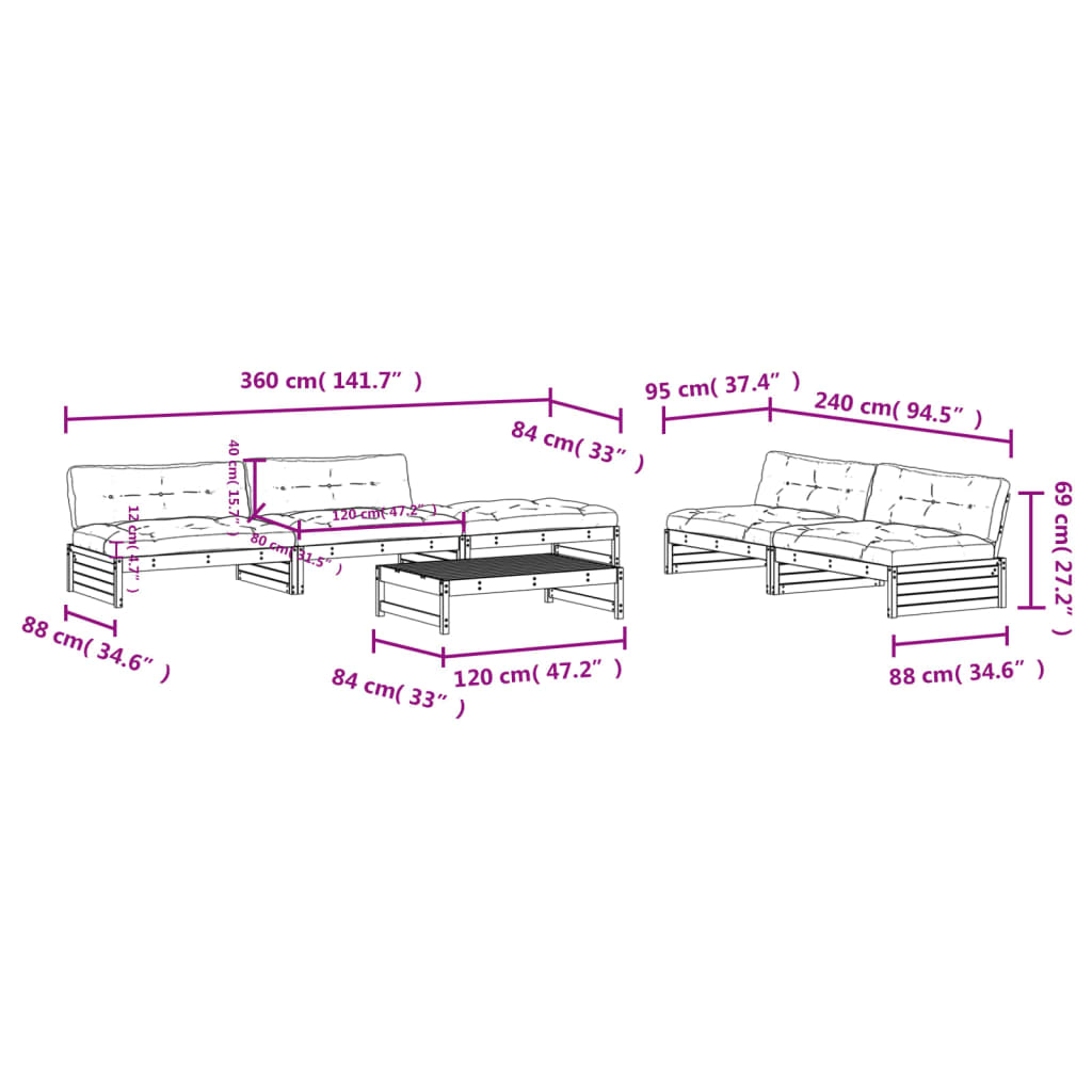 Set mobilier relaxare de grădină & perne 6 piese lemn masiv pin