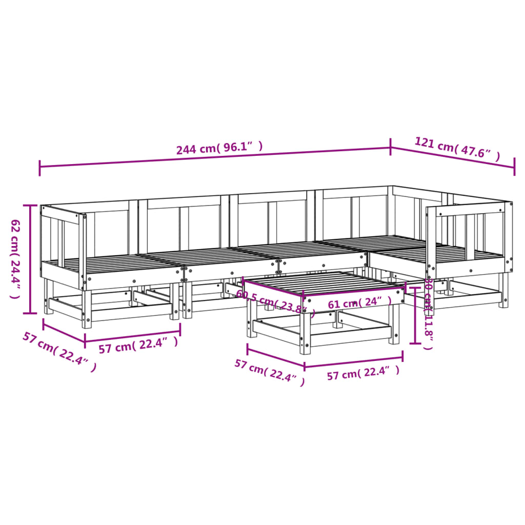 Set mobilier de grădină, 6 piese, alb, lemn masiv pin