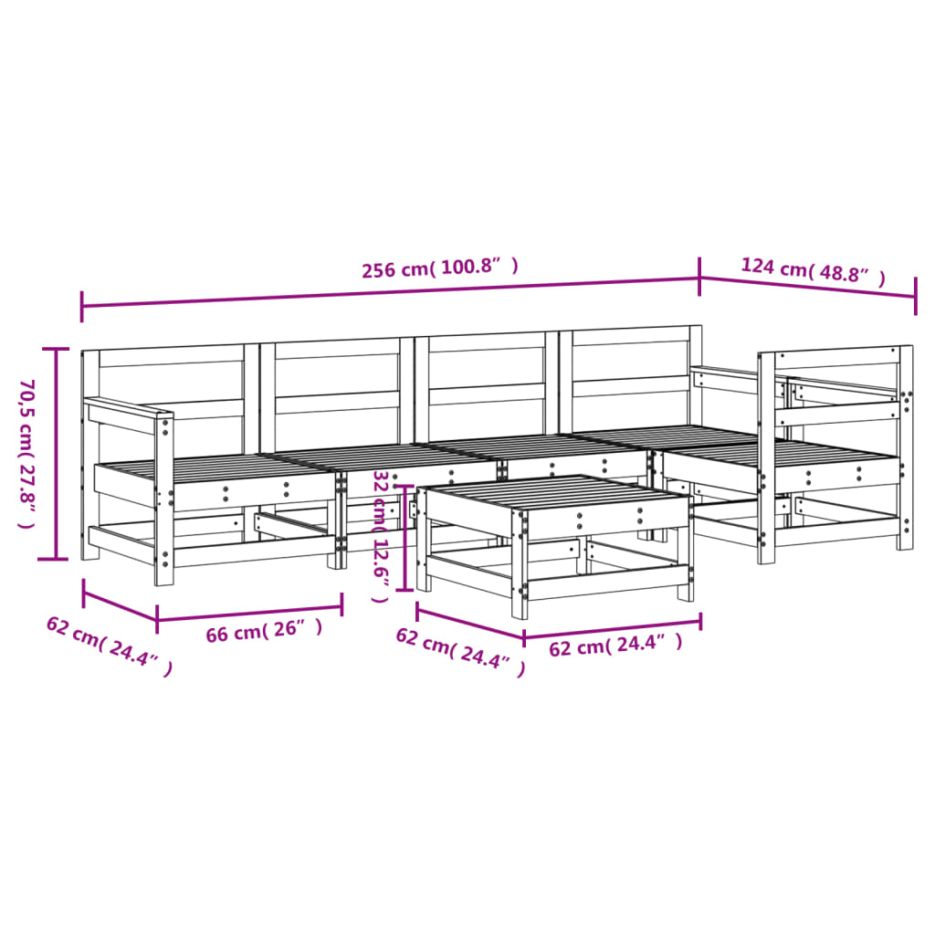 Set mobilier de grădină, 6 piese, alb, lemn masiv pin