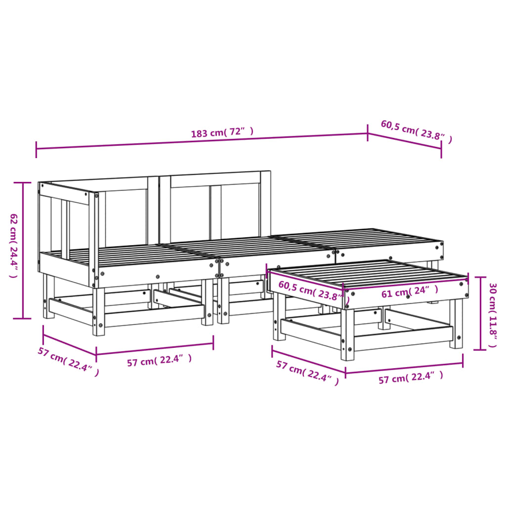 Set mobilier relaxare de grădină, 4 piese, alb, lemn masiv pin