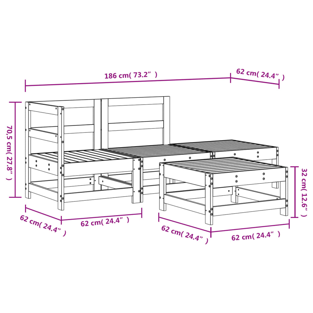 Set mobilier relaxare de grădină, 4 piese, alb, lemn masiv pin