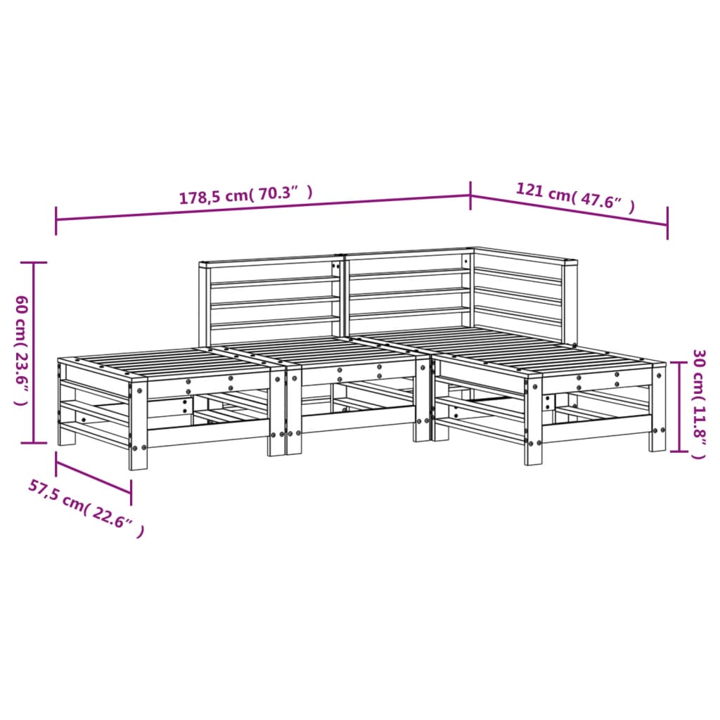 Set mobilier relaxare de grădină, 4 piese, gri, lemn masiv pin