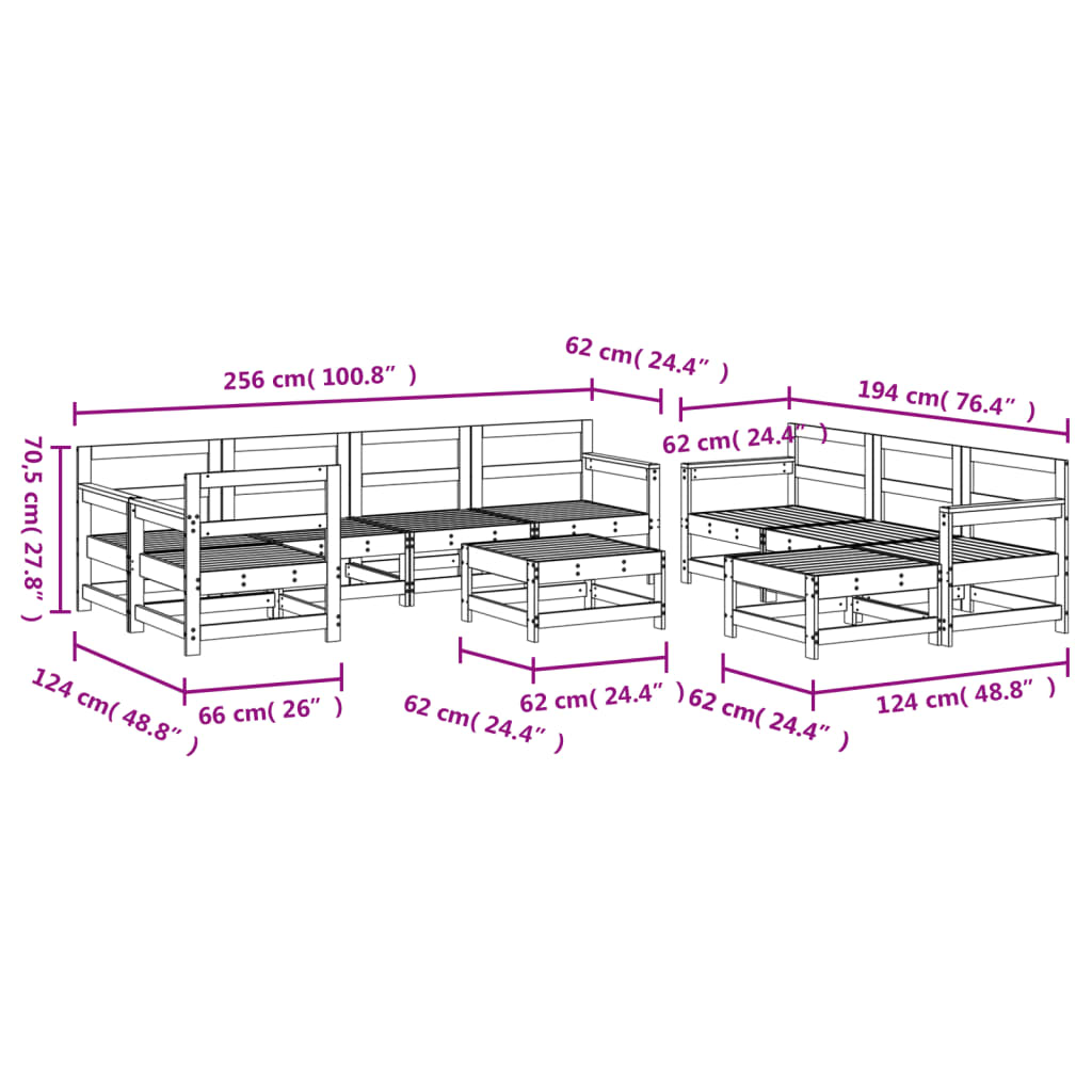 Set mobilier relexare grădină, 10 piese, alb, lemn masiv de pin