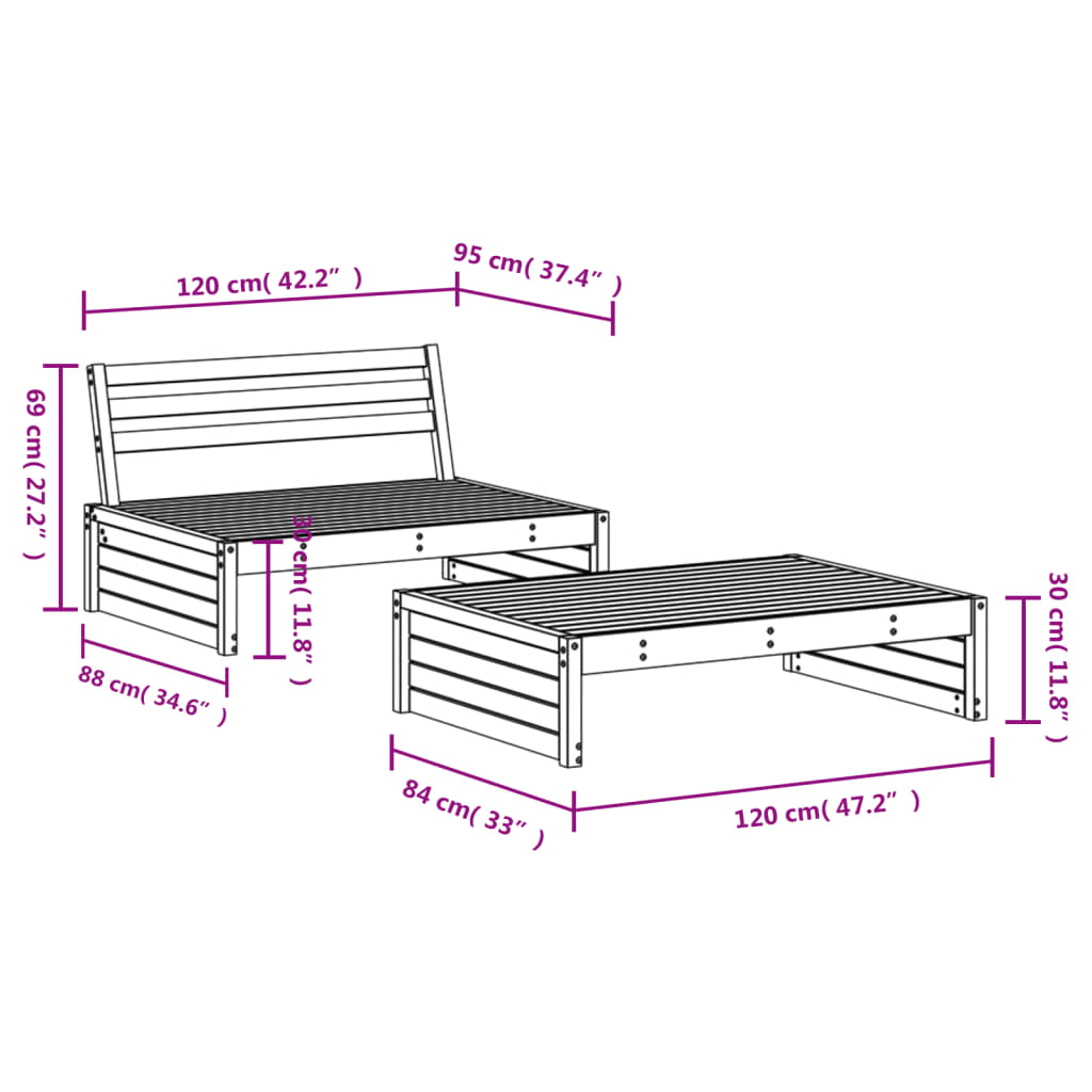 Set mobilier relaxare grădină, 2 piese, alb, lemn masiv de pin