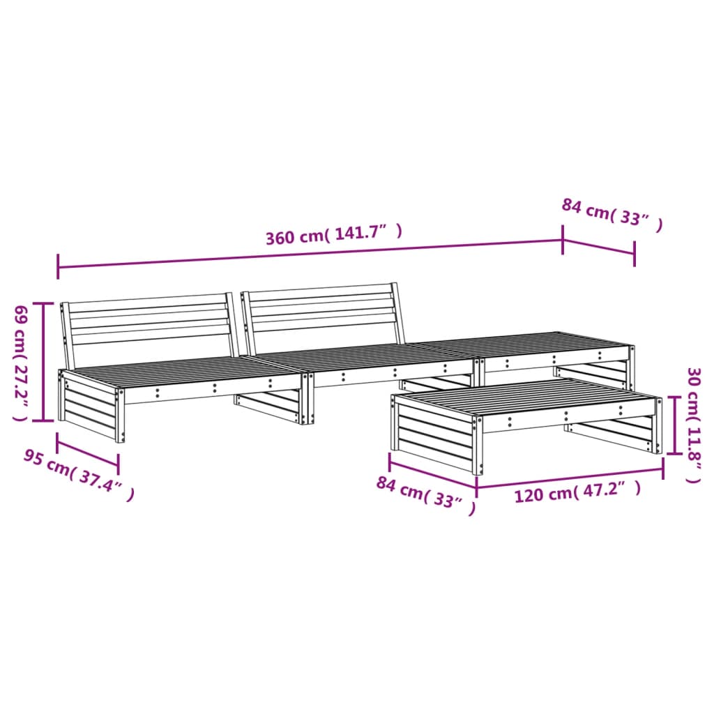 Set mobilier relaxare de grădină 4 piese, negru, lemn masiv pin